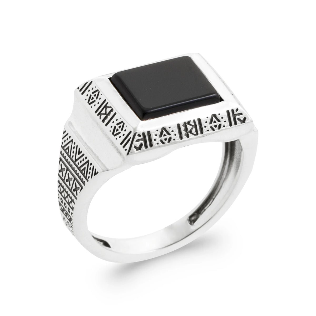 Bague chevalière agate noire à bordure gravée en argent 925 homme