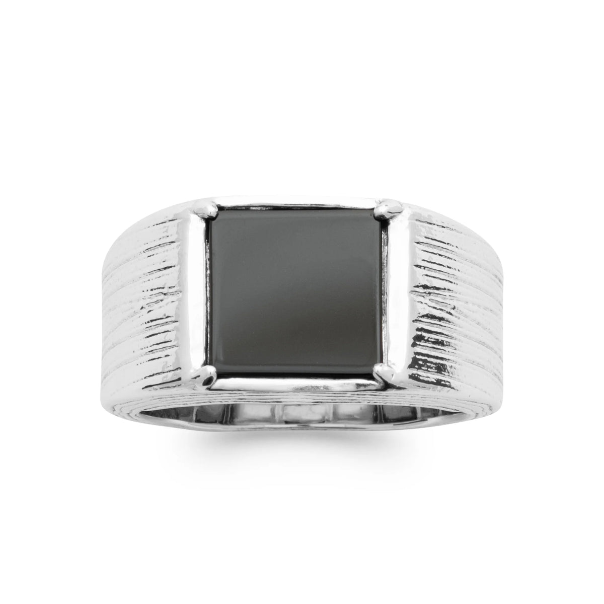 Bague chevalière agate noire carrée en argent 925 rhodié homme vu de profil