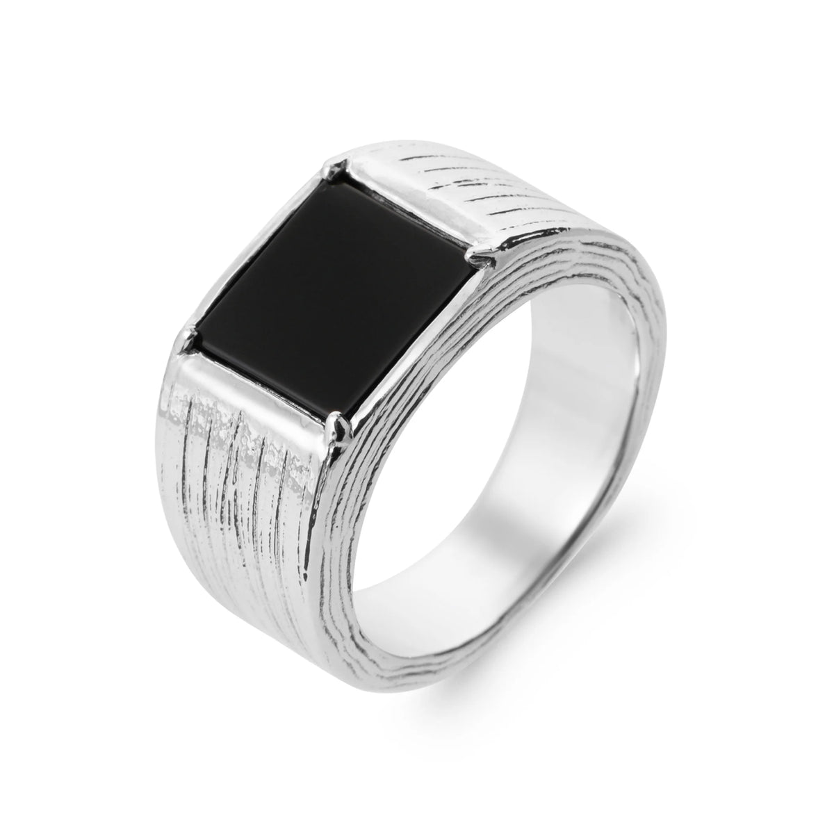 Bague chevalière agate noire carrée en argent 925 rhodié homme