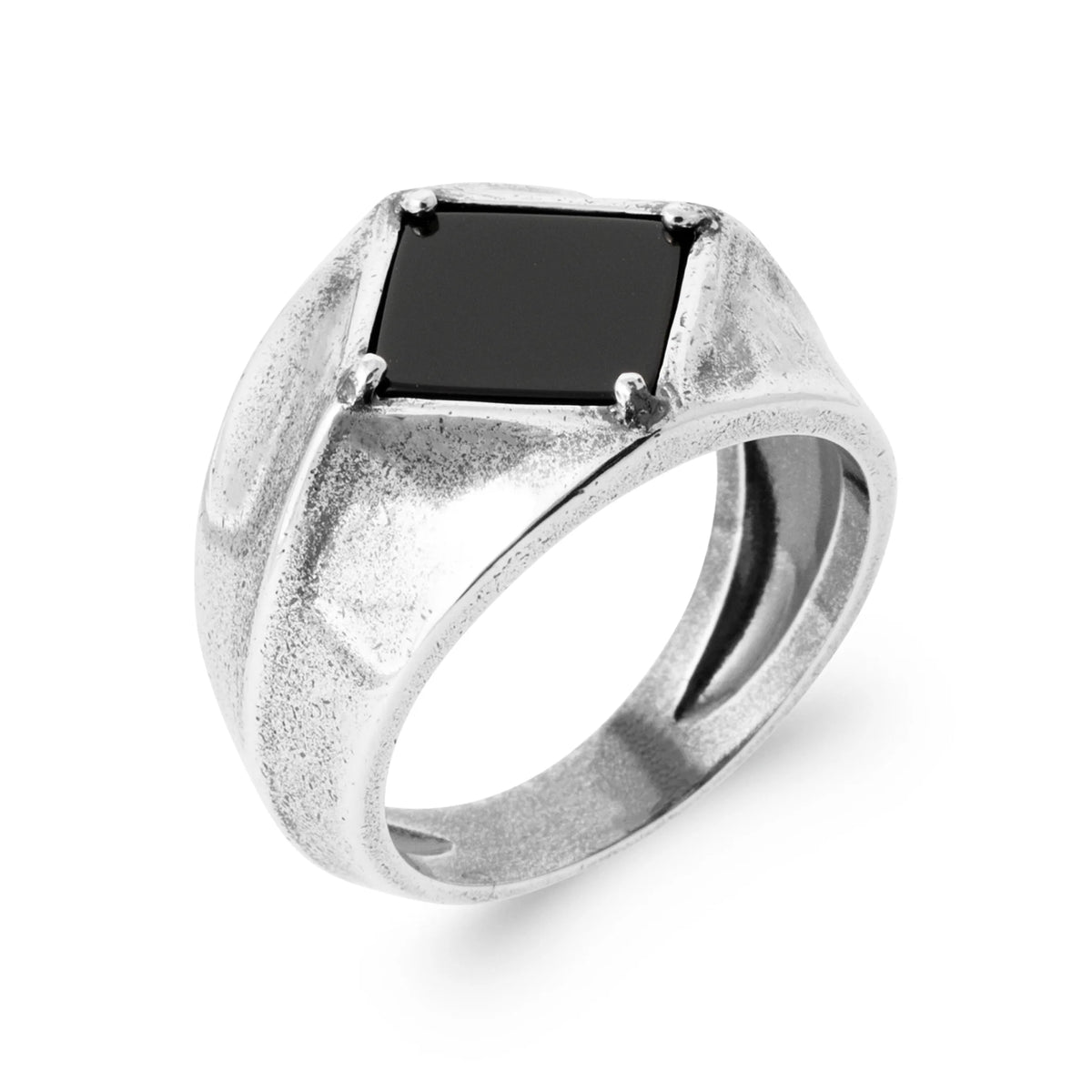 Bague chevalière agate noire en losange en argent 925 homme