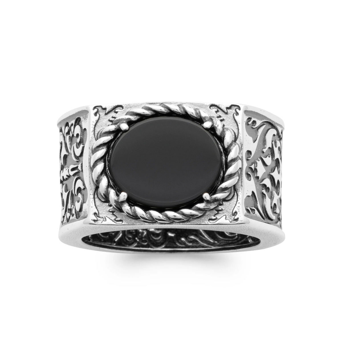 Bague chevalière agate noire ovale à épaules ajourées en argent 925 homme vu de profil