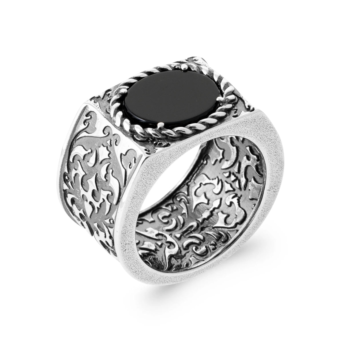 Bague chevalière agate noire ovale à épaules ajourées en argent 925 homme