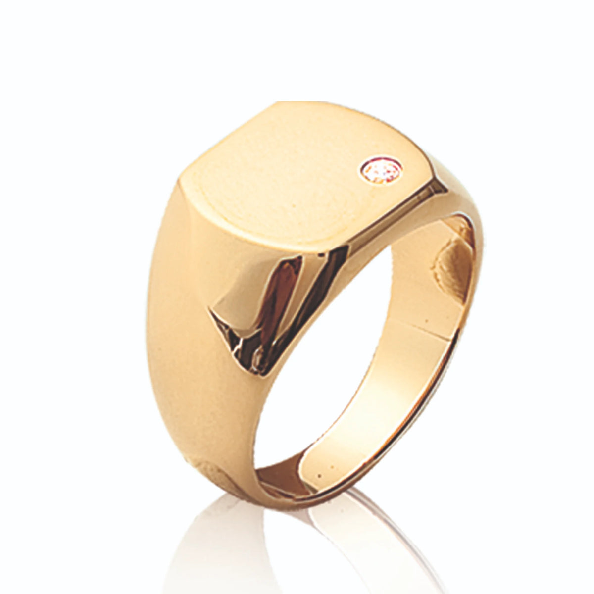 Bague chevalière bombée en or poli et petit zircon à fleur de métal en plaqué or