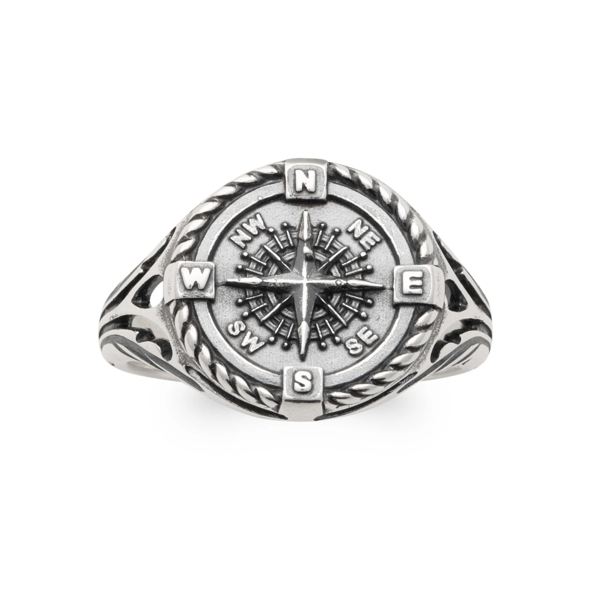 Bague chevalière boussole en argent 925 homme vu de profil