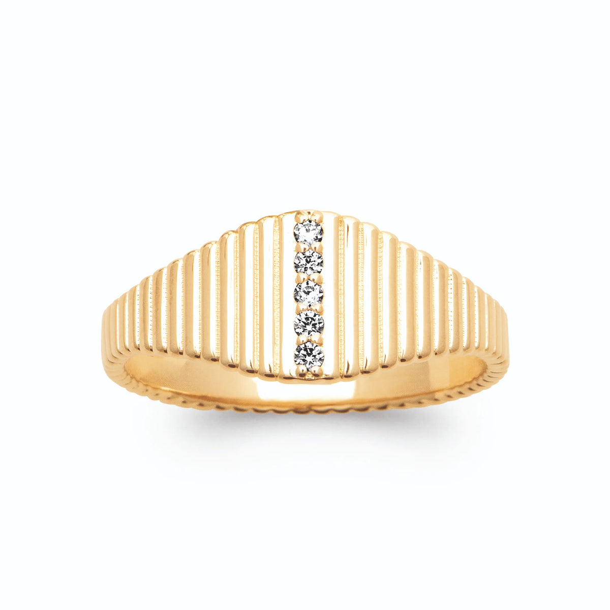 Bague chevalière cannelée ligne de zircons en plaqué or