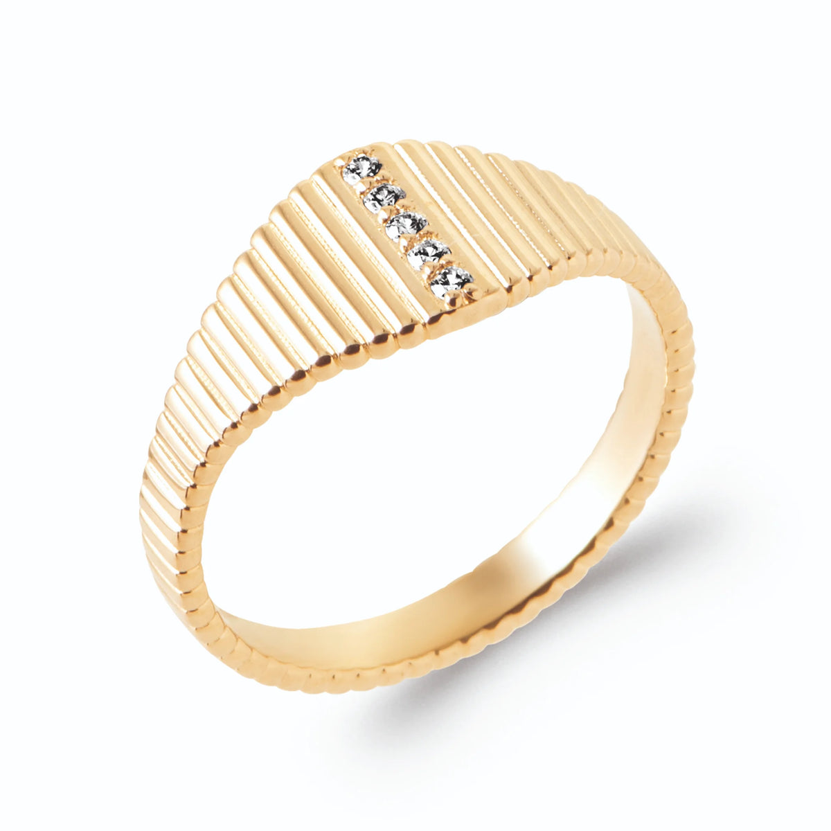 Bague chevalière cannelée ligne de zircons en plaqué or