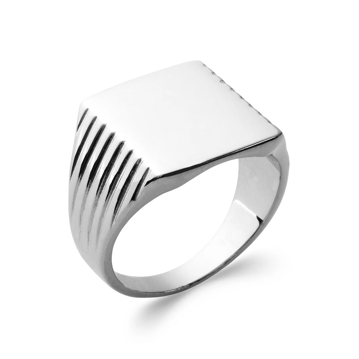Bague chevalière carrée à épaules striées en argent rhodié homme
