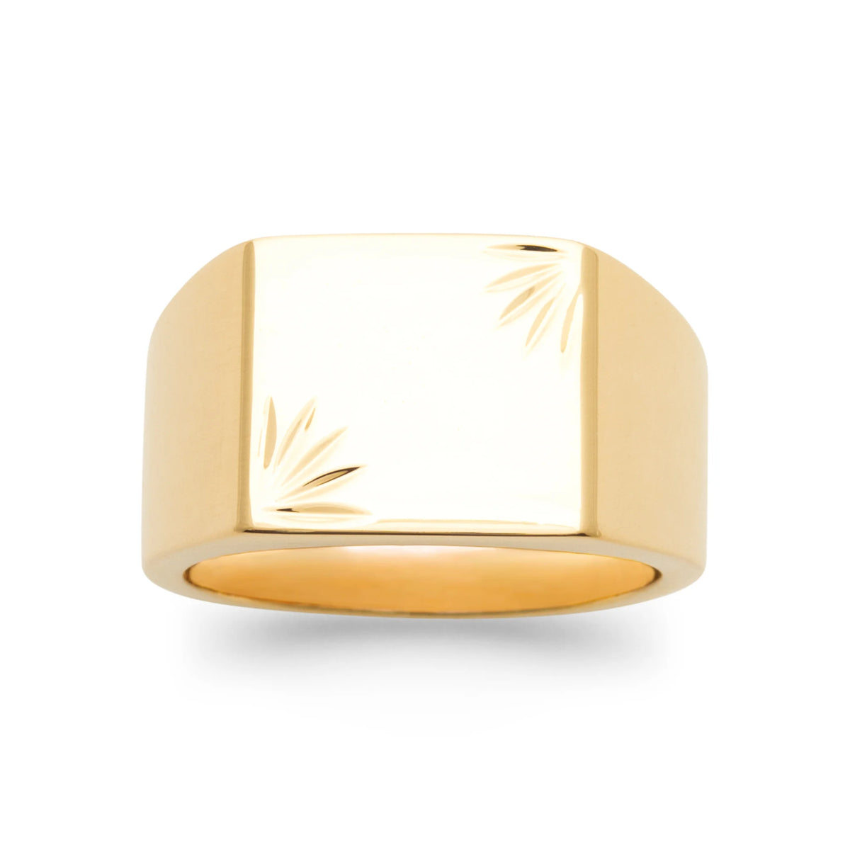 Bague chevalière carrée gravée de rayons en plaqué or homme vu de profil