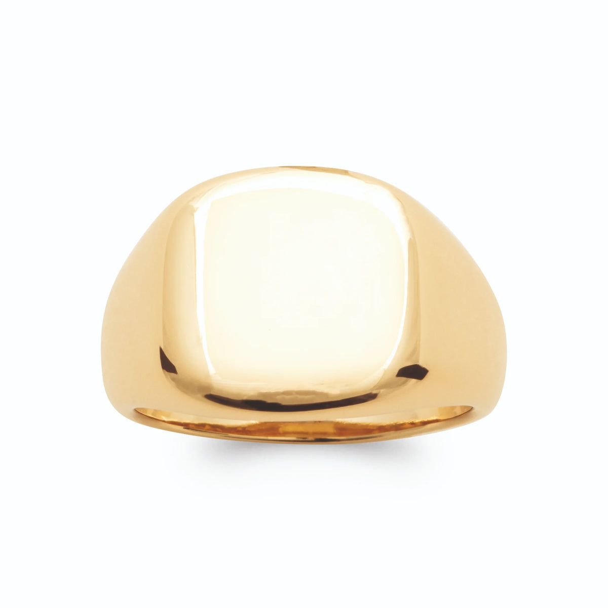 Bague chevalière carrée lisse polie miroir plaqué or, vue de face