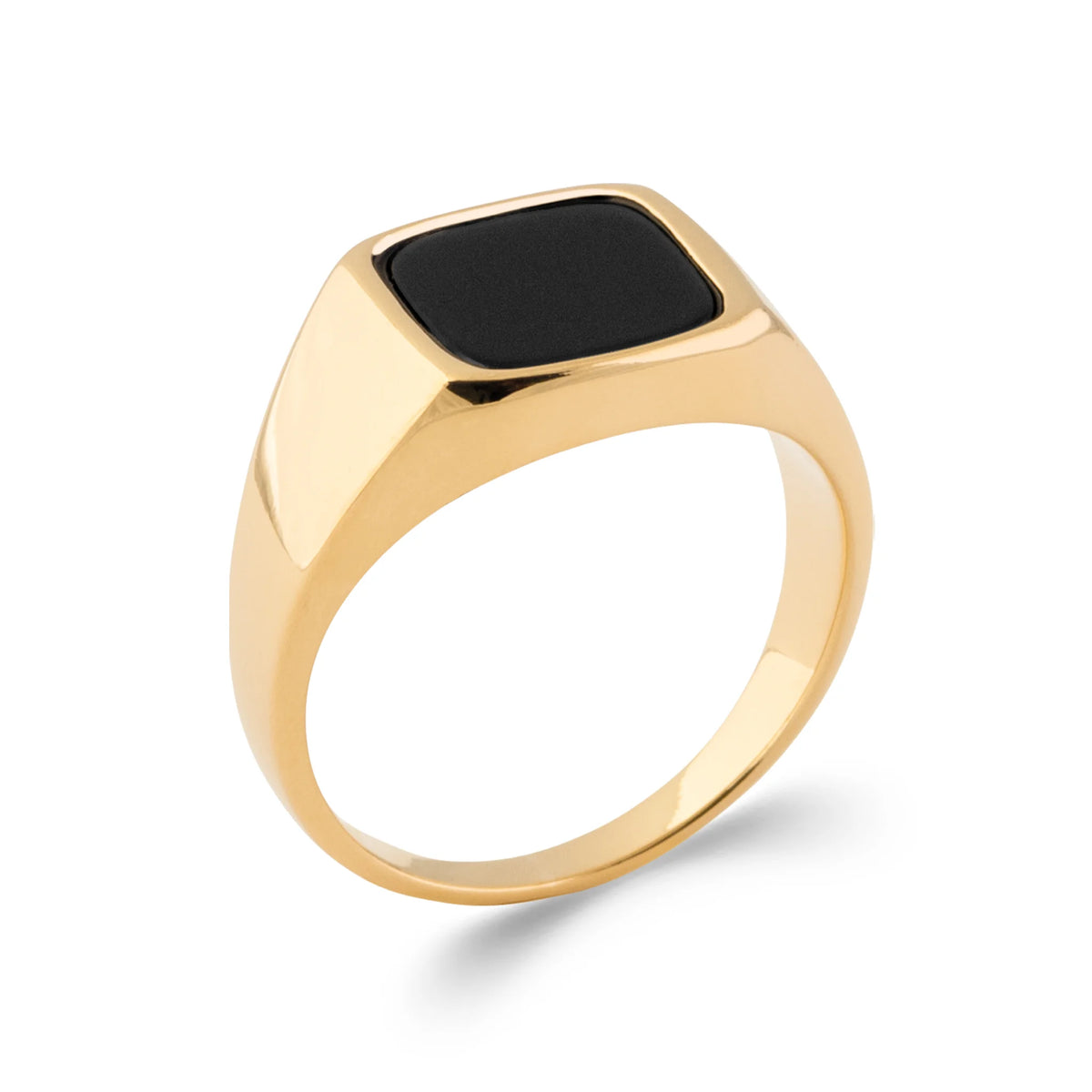 Bague chevalière carrée plateau imitation onyx noir en plaqué or