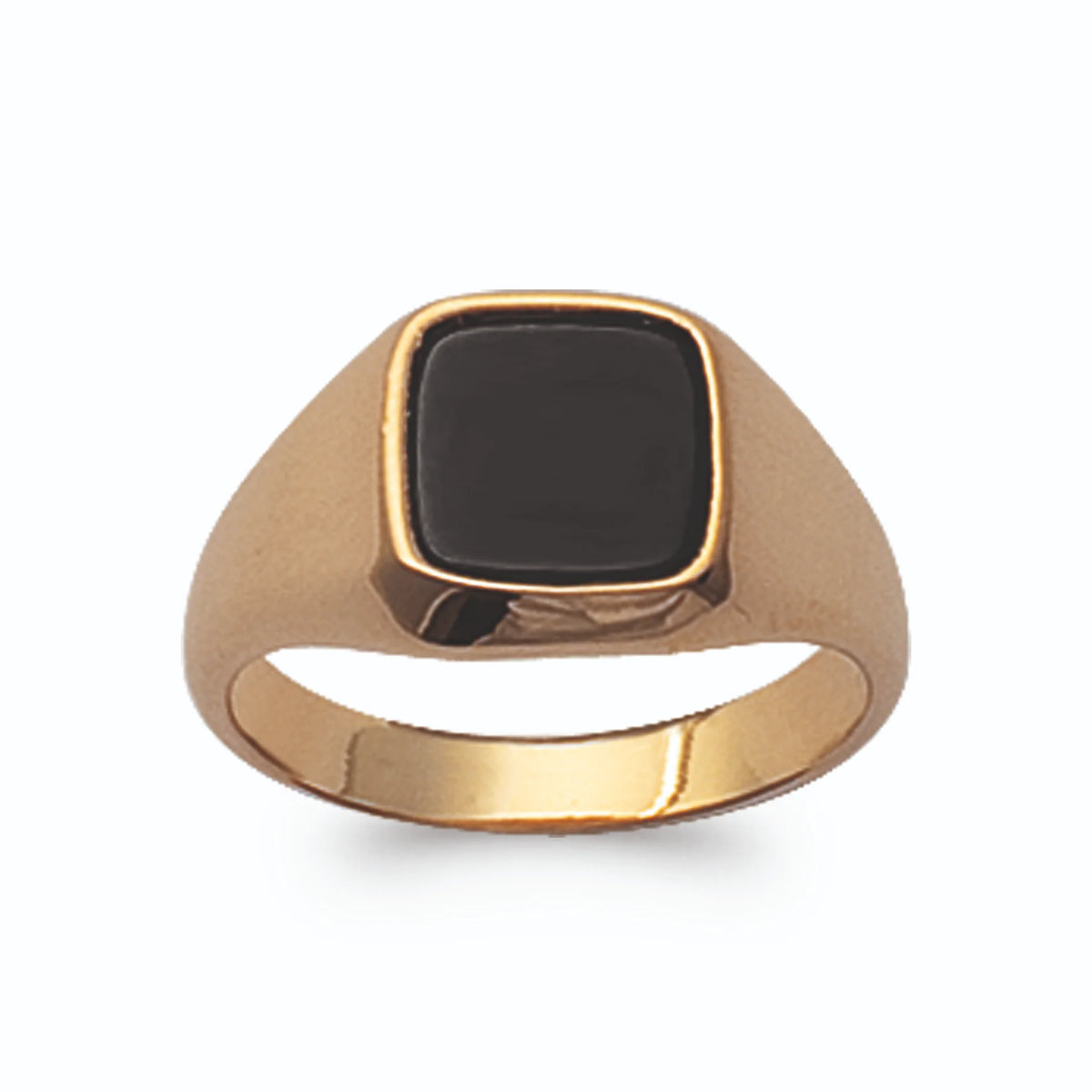 Bague chevalière coussin noire en plaqué or homme vu de profil