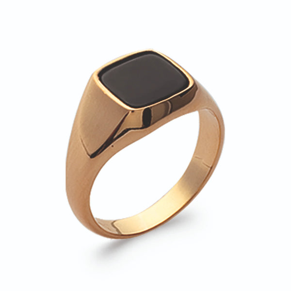Bague chevalière coussin noire en plaqué or homme