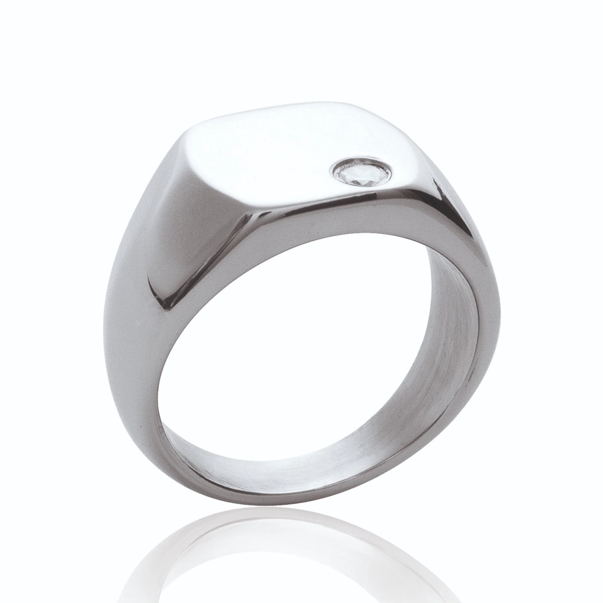 Bague chevalière coussin sertie d’un zircon en acier homme