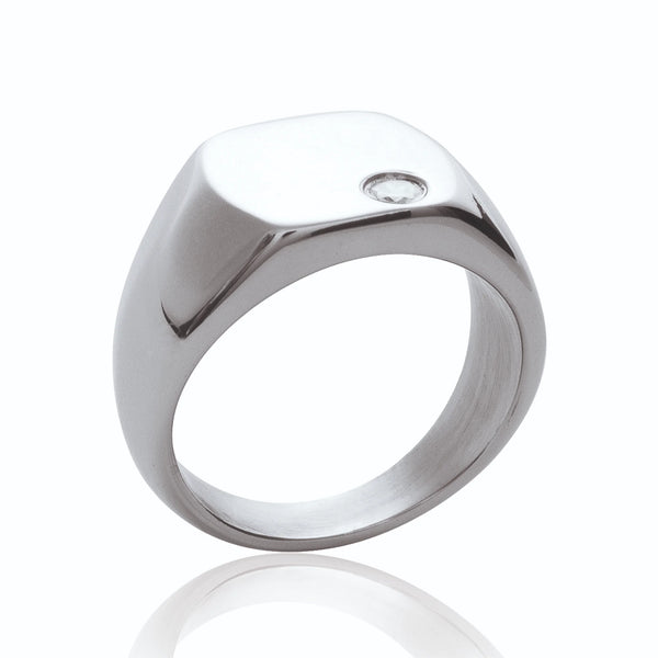 Bague chevalière coussin sertie d’un zircon en acier homme