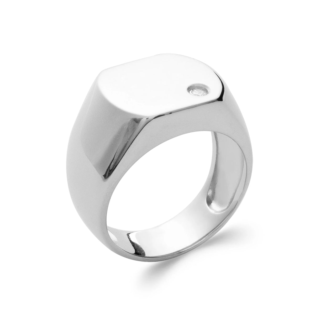 Bague chevalière coussin sertie d’un zircon en argent rhodié homme