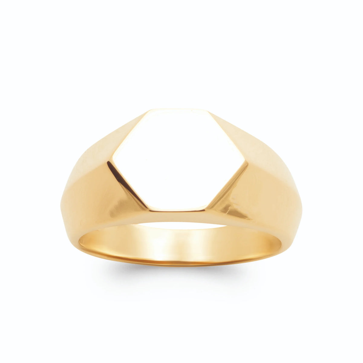 Bague chevalière hexagonale facettée polie plaqué or, vue de face