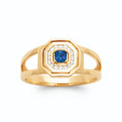Bague chevalière octogonale pierre carrée bleu saphir et zircons plaqué or, vue de face