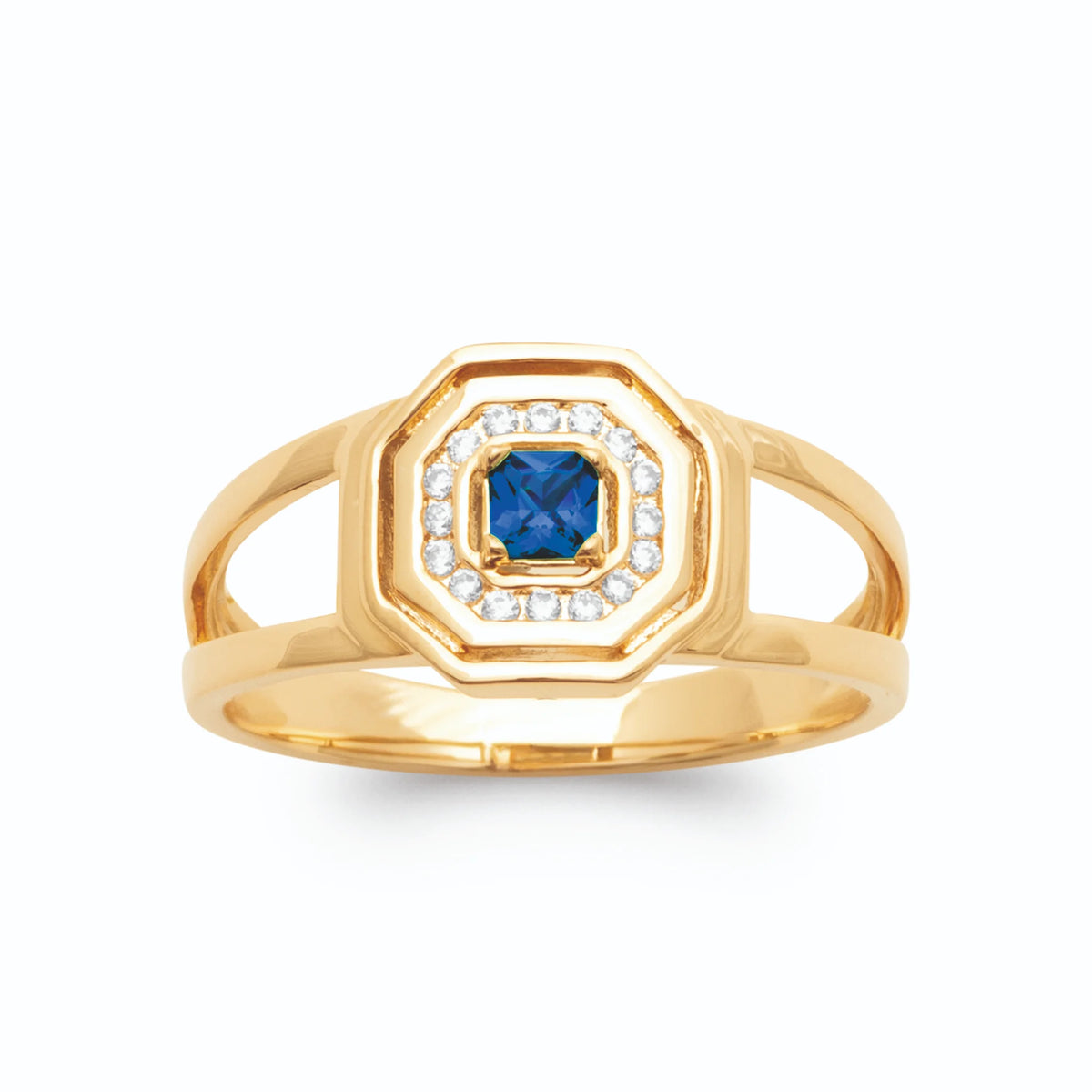 Bague chevalière octogonale pierre carrée bleu saphir et zircons plaqué or, vue de face