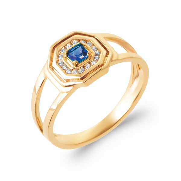 Bague chevalière octogonale pierre carrée bleu saphir et zircons en plaqué or, vue de trois quarts