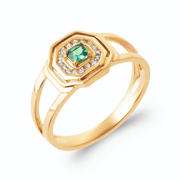 Bague chevalière octogonale pierre carrée vert émeraude et zircons en plaqué or, vue de trois quarts