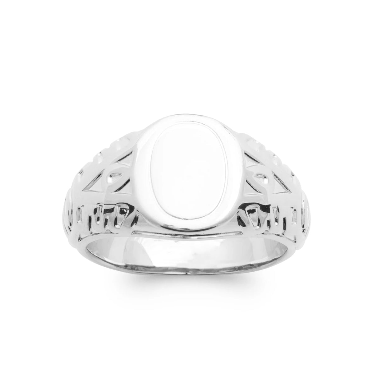 Bague chevalière ovale lisse à épaules gravées en argent 925 rhodié homme vu de profil