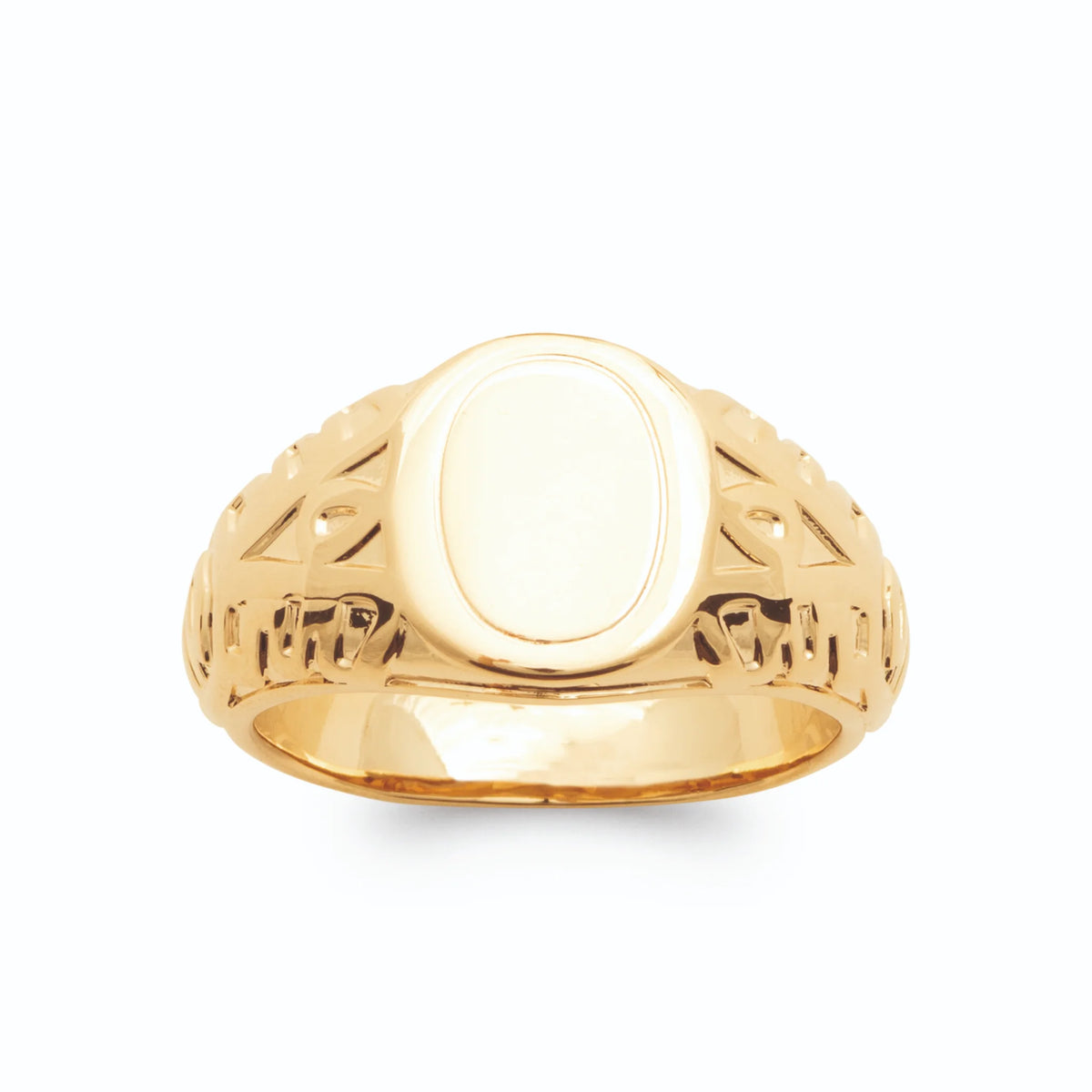 Bague chevalière ovale polie et flancs ajourés géométriques plaqué or, vue de face