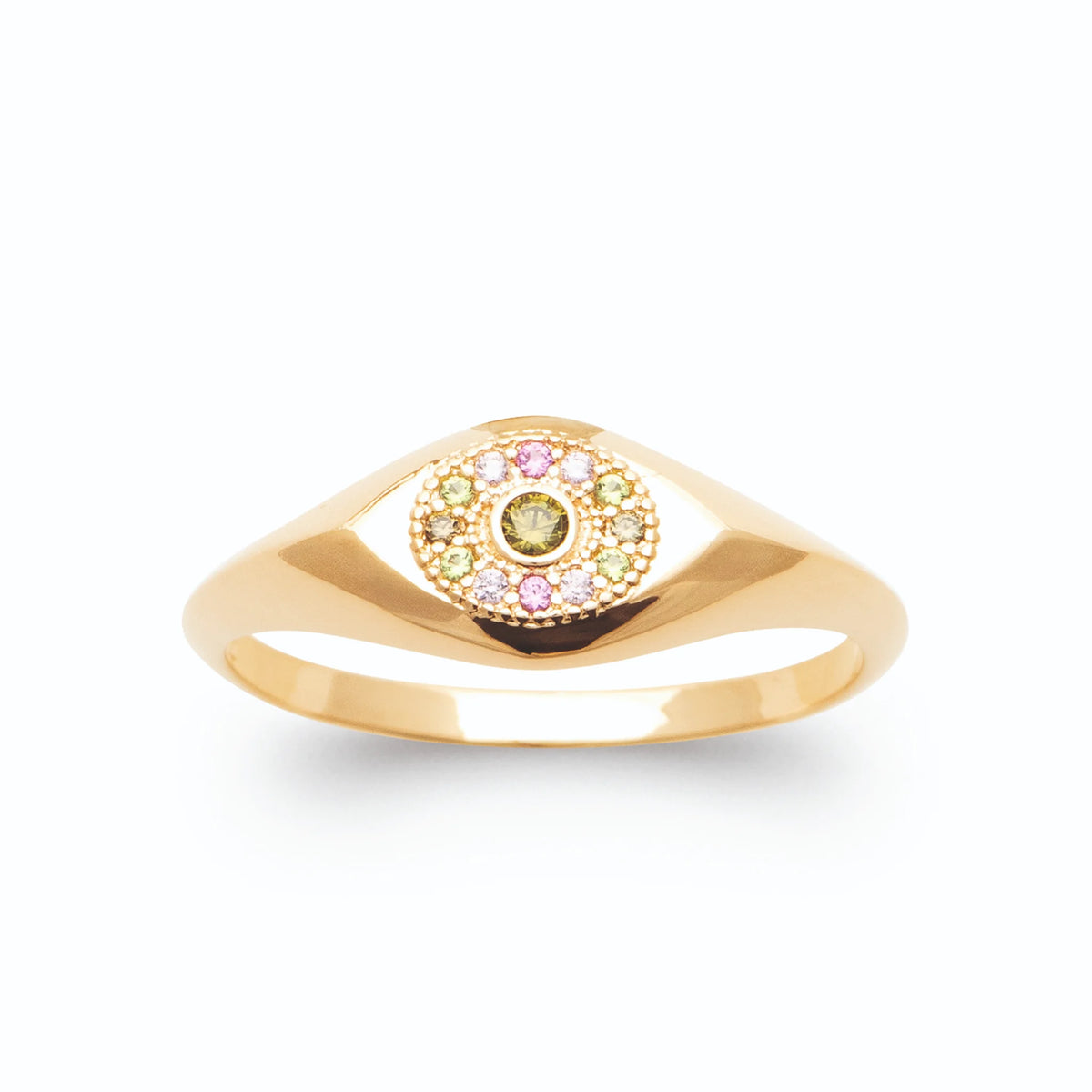 Bague chevalière ovale rosace de pierres olive et roses en plaqué or