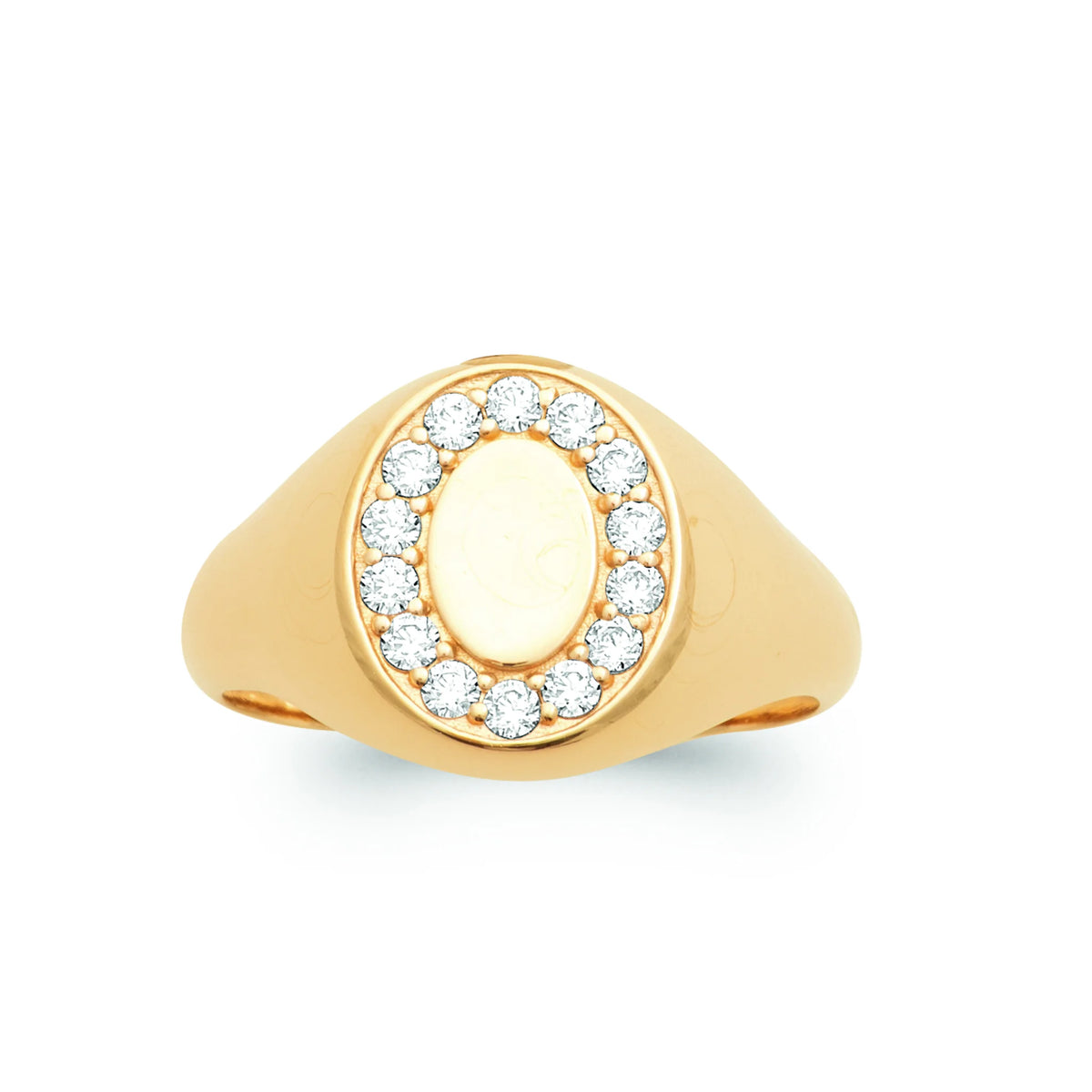 Bague chevalière plateau ovale et halo de zircons plaqué or, vue de face