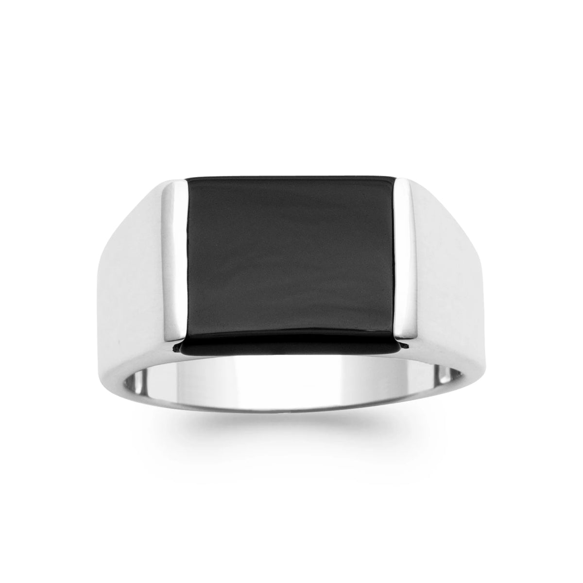 Bague chevalière plateau rectangulaire noir en argent 925 rhodié homme vu de profil
