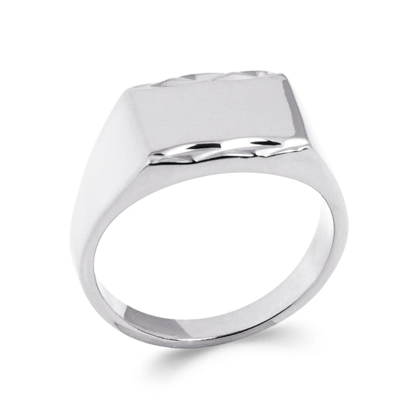 Bague chevalière rectangulaire à bord diamanté en argent rhodié homme