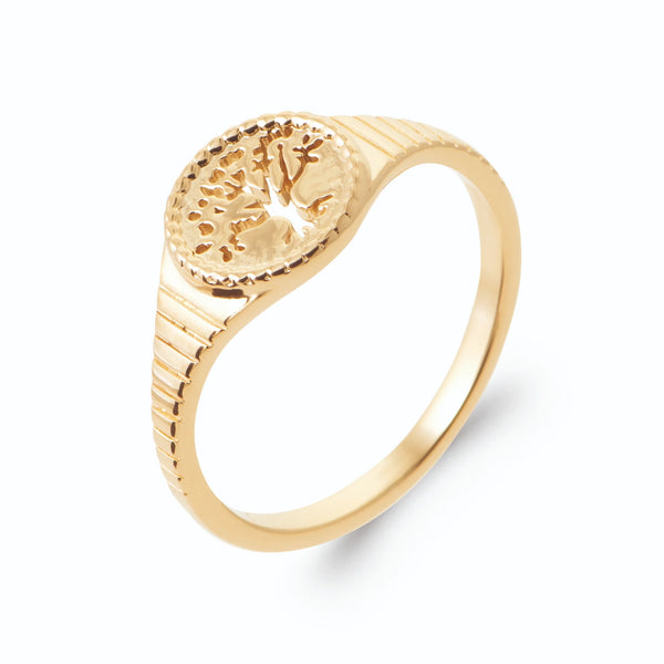 Bague chevalière ronde ajourée arbre de vie en plaqué or, vue de trois quarts