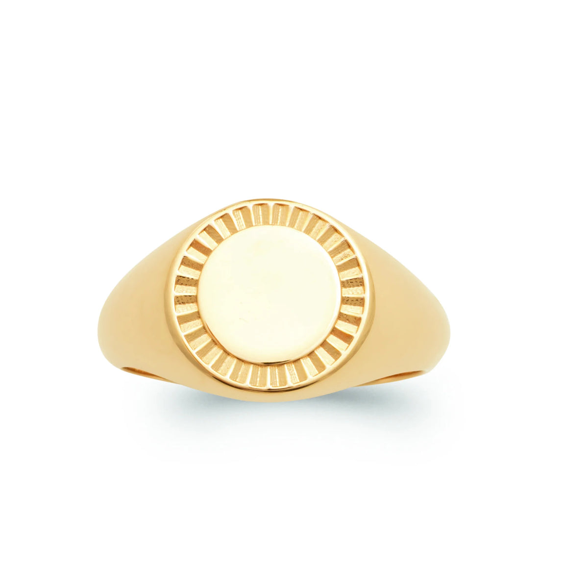 Bague chevalière ronde bordure cannelée sans pierre plaqué or, vue de face