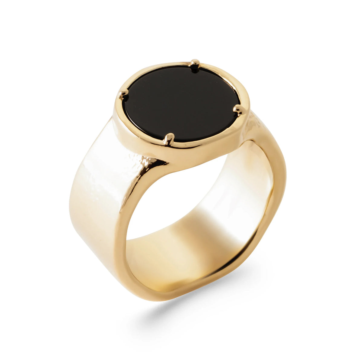 Bague chevalière ronde imitation onyx noir sur anneau large en plaqué or