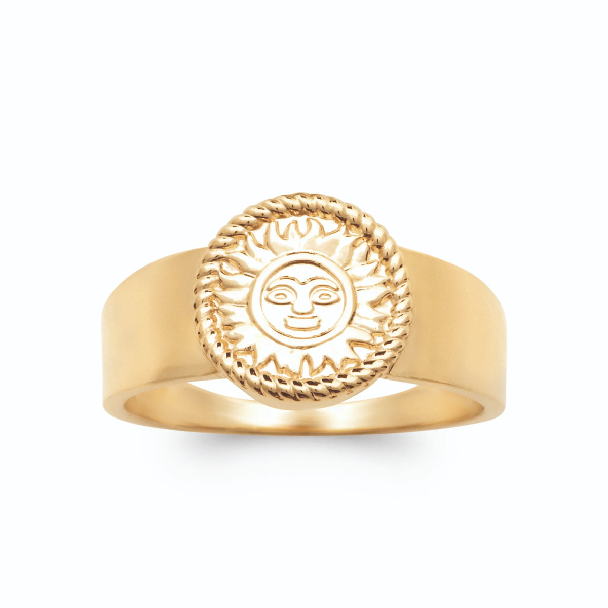 Bague chevalière ronde soleil au visage rayonnant en plaqué or