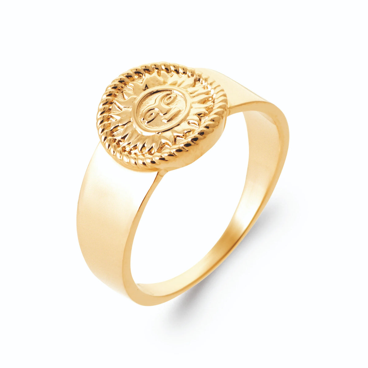 Bague chevalière ronde soleil au visage rayonnant en plaqué or