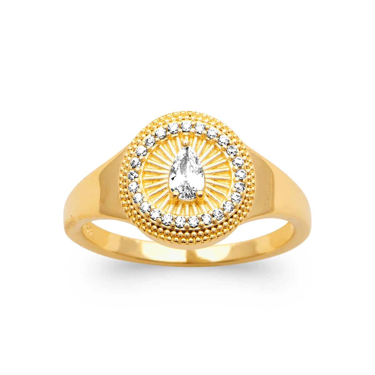 Chevalière soleil zircon poire plaqué or, vue de face