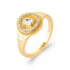 Chevalière soleil zircon poire en plaqué or, vue de trois quarts
