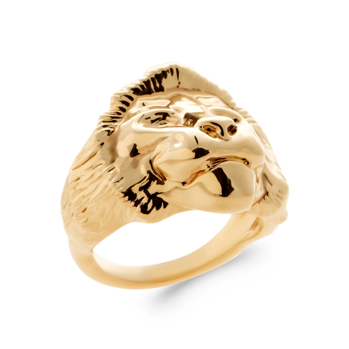 Bague chevalière tête de lion à crinière ciselée en plaqué or