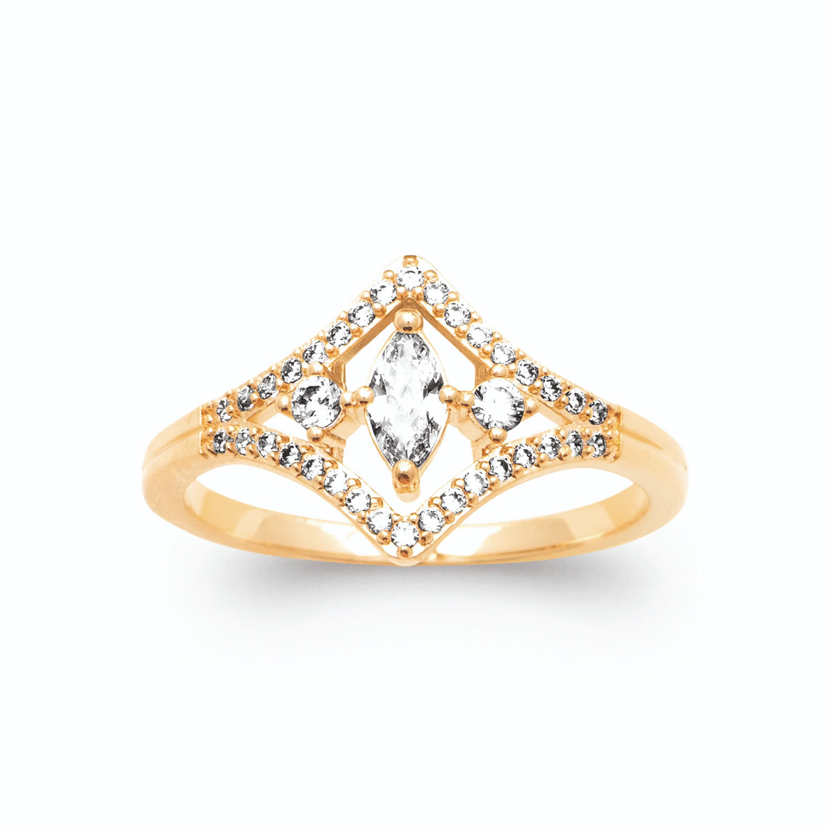 Bague chevron ajouré zircon navette plaqué or, vue de face