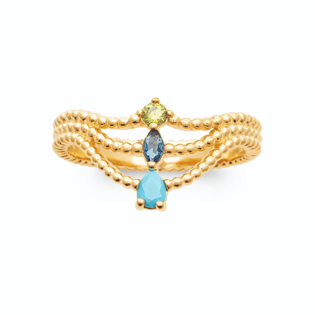 Bague chevron trois rangs perlés pierres verte, bleue et turquoise plaqué or, vue de face