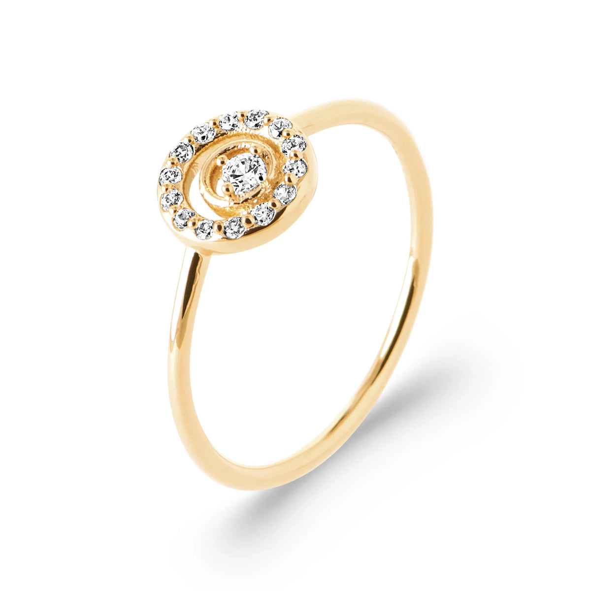 Bague cible zircons en plaqué or, vue de trois quarts