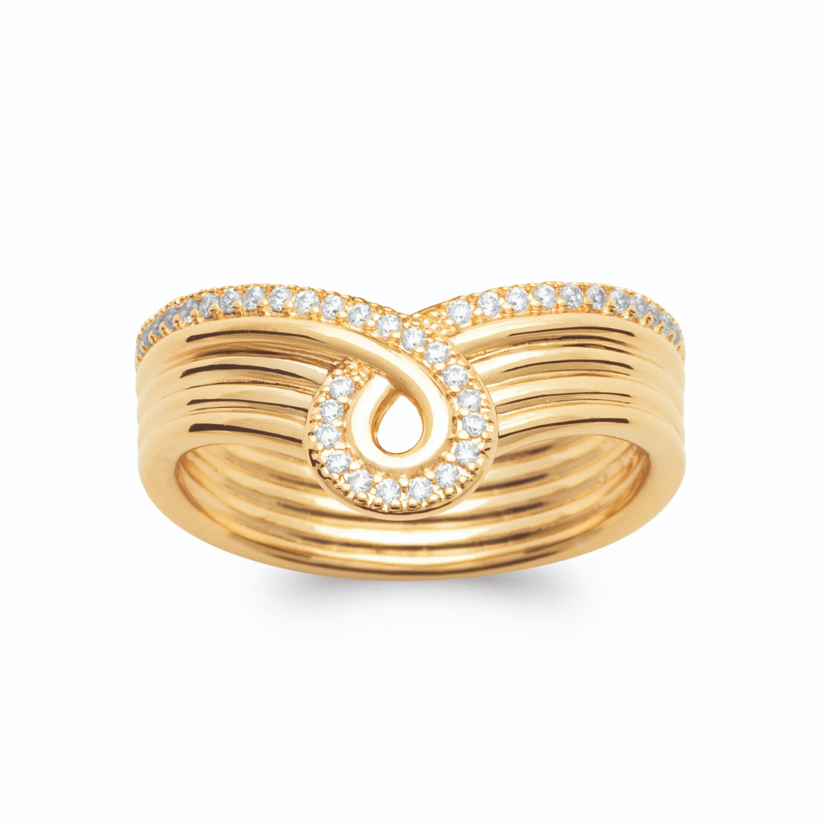 Bague cinq fils d’or en boucle et bords pavés de zircons plaqué or, vue de face