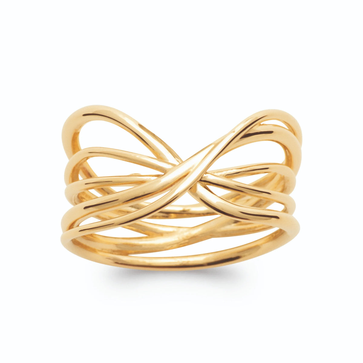 Bague cinq fils d’or en large entrelacs plaqué or, vue de face