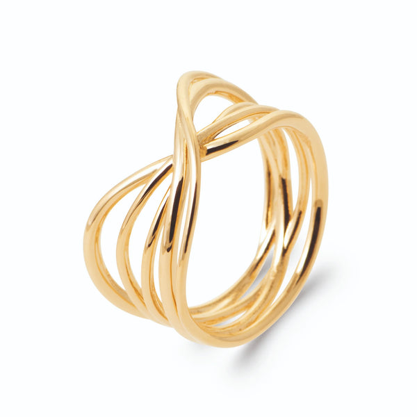Bague cinq fils d’or en large entrelacs en plaqué or, vue de trois quarts