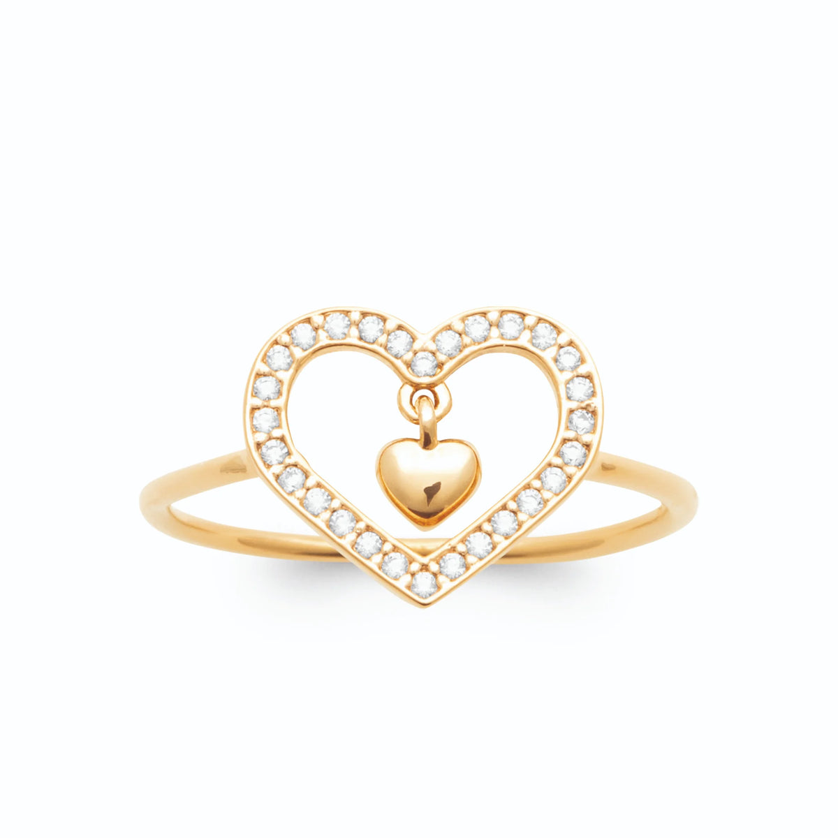 Bague cœur ajouré pavé de zircons et petit cœur suspendu plaqué or, vue de face