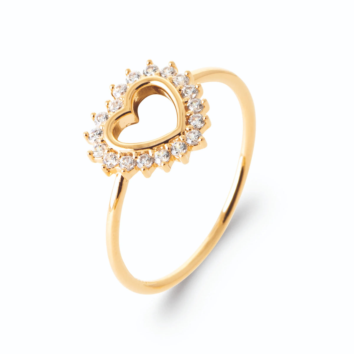 Bague cœur ajouré et rayonnement de zircons en plaqué or