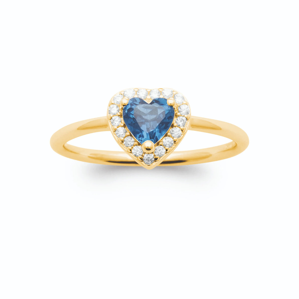 Bague cœur bleu saphir et entourage de zircons plaqué or, vue de face