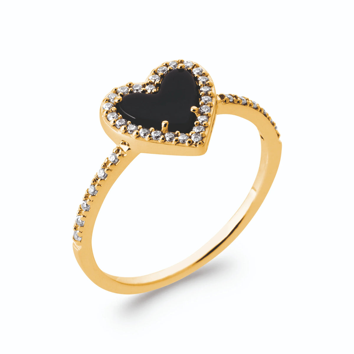 Bague cœur noir brillant et entourage de zircons en plaqué or