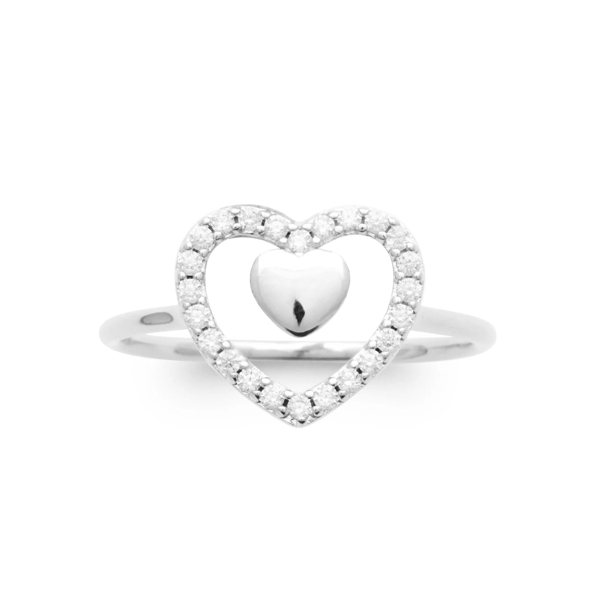 Bague cœur pavé et petit cœur poli en argent 925