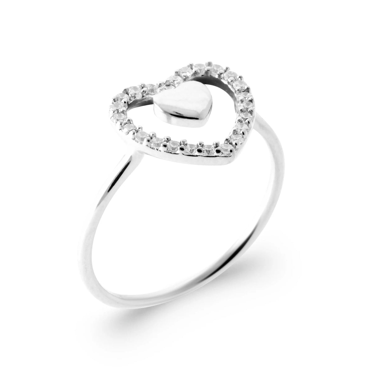 Bague cœur pavé et petit cœur poli en argent 925